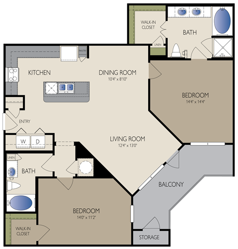 Floor plan for 2 beds, 2 baths, 1233 sqft